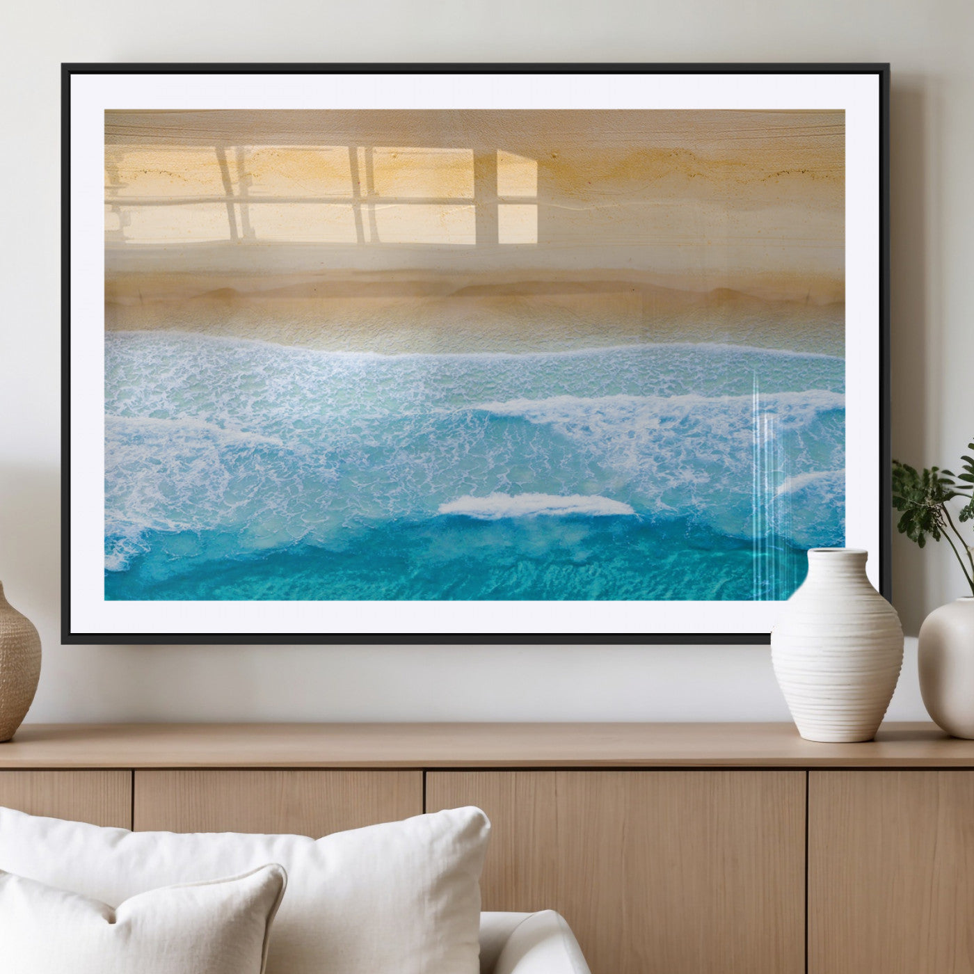 43046-MGV-CV-36X24-Aerial Beach Wall Art – Serene Ocean Waves & Sandy Shore Canvas Print, Coastal Home Decor for Living Room, Bedroom or Office