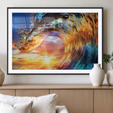 52890-MGC-FP-36x24_Black-Surfing Wave Wall Art Canvas Print, Framed Sunset Ocean Art Picture Print, Ocean Wave Perfect Nautical Decor Artwork