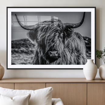 97372-MGV-CV-36X24-Elegant Highland Cow Wall Art – Black and White Canvas Print, Rustic Nature Decor for Home, Office, Living Room or Man Cave