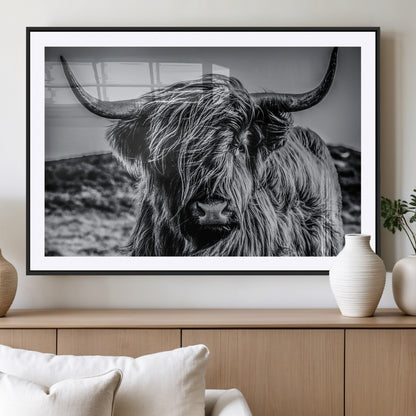 97372-MGV-CV-36X24-Elegant Highland Cow Wall Art – Black and White Canvas Print, Rustic Nature Decor for Home, Office, Living Room or Man Cave