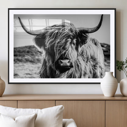 36979-MGV-CV-36X24-Striking black-and-white portrait of a Highland cow with flowing fur and majestic horns, perfect for rustic and elegant home or