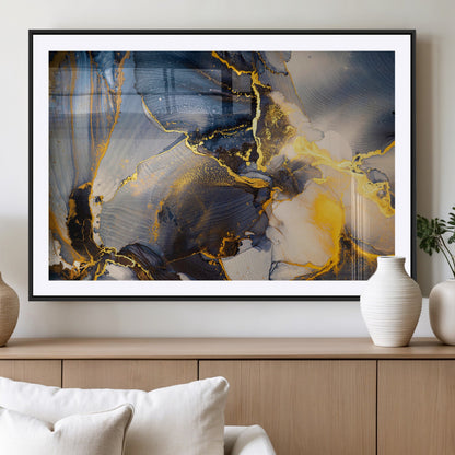 42100-MGV-CV-36X24-Golden Flow Abstract Wall Art – Panoramic Modern Blue and Gold Canvas Print, Contemporary Artistic Decor for Home, Office