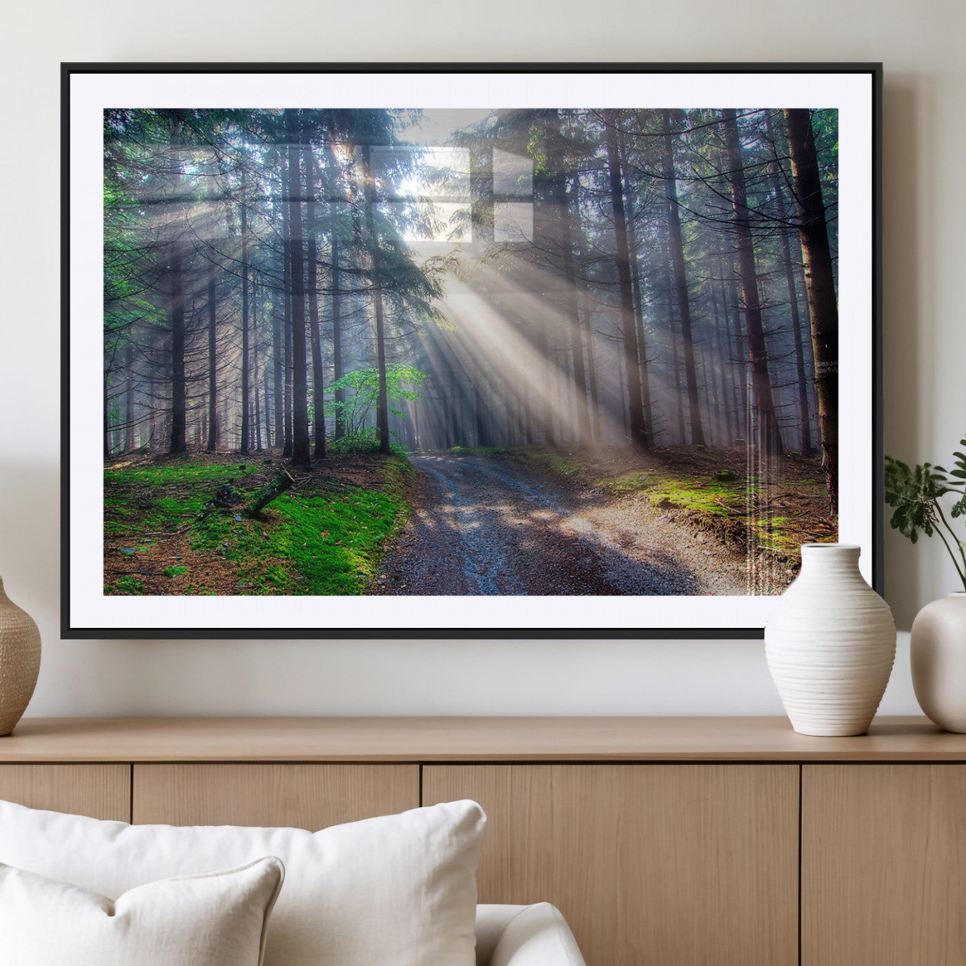 42047-MGV-CV-36X24-Sunlit Forest Path Wall Art – Nature Canvas Print, Serene Woodland Landscape, Perfect Home & Office Decor for Calm and Tranquil