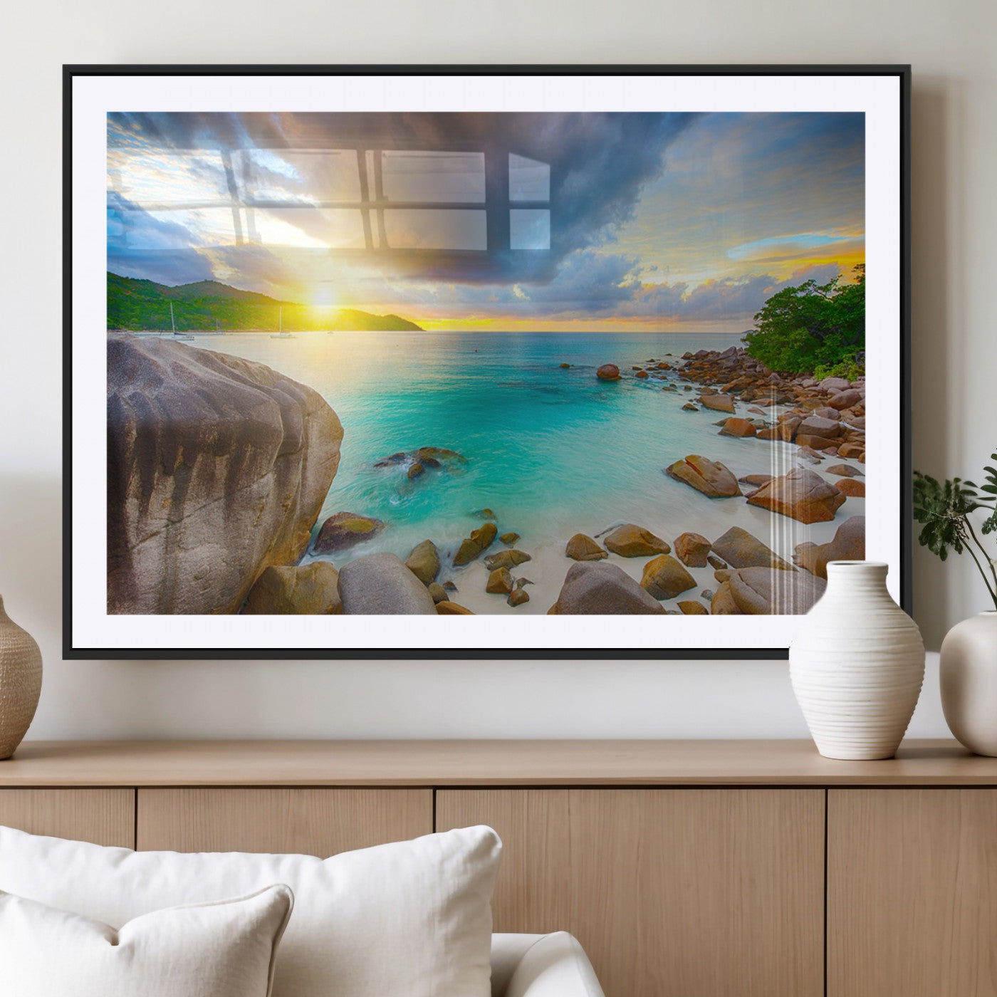 23769-MGC-FP-36x24_Black-Tropical Beach Sunset Wall Art – Ocean Waves and Rocky Shore Canvas Print, Coastal Seascape Photography Decor