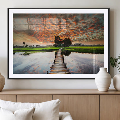 29105-MGV-CV-36X24-Rustic Wooden Bridge Wall Art – Scenic Sunset Over Rice Fields and Reflective Water Canvas Print, Nature Landscape Decor for