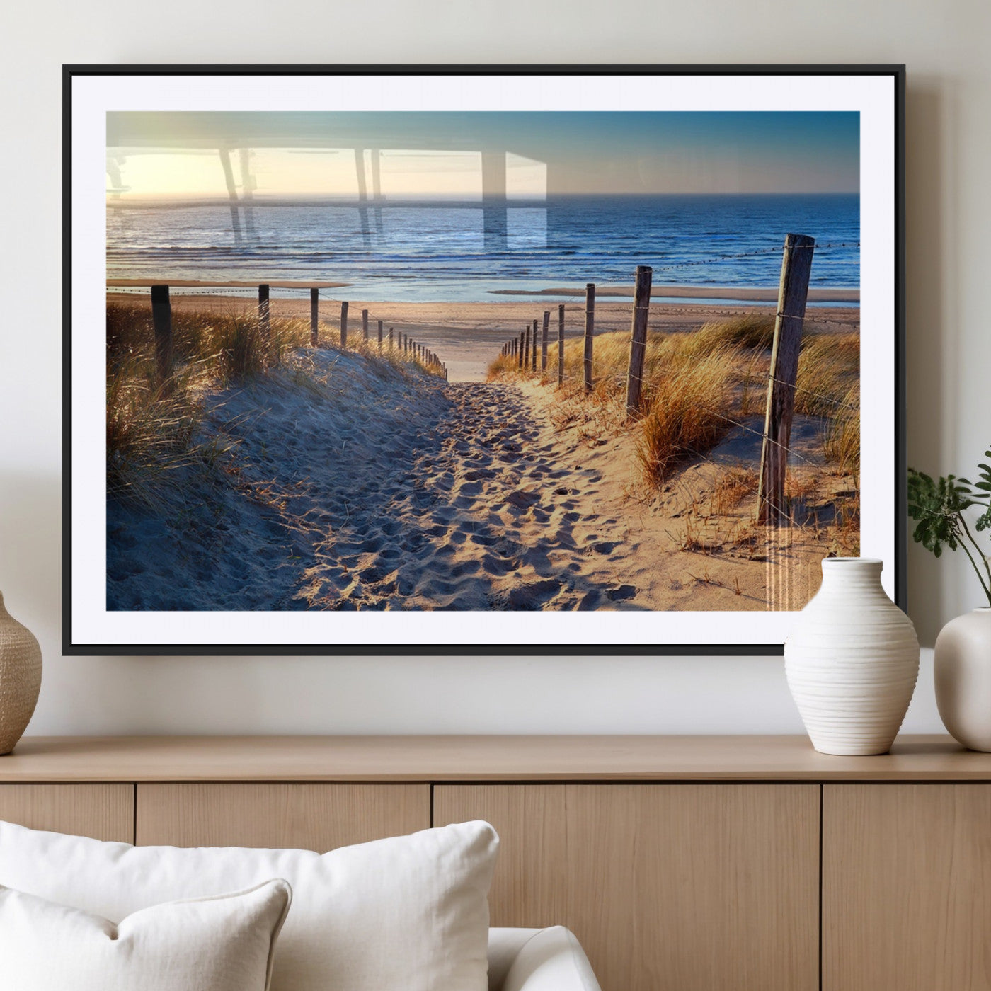 31889-MGC-FP-36x24_Black-Sandy Beach Pathway Wall Art – Coastal Dune Fence and Ocean View Canvas Print, Relaxing Seaside Landscape Decor for Living Room or