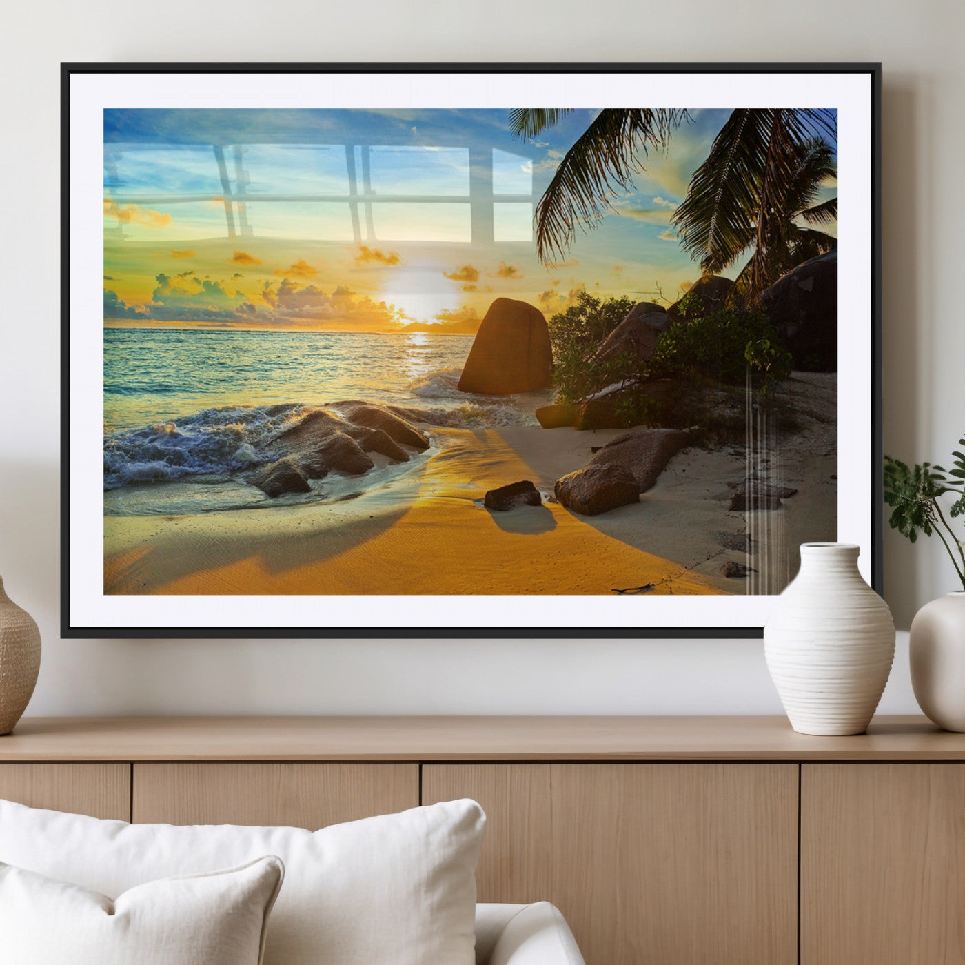 26181-MGC-FP-36x24_Black-Golden Tropical Sunset Beach Wall Art – Ocean Canvas Print with Palm Trees and Rocks, Coastal Paradise Decor for Living Room or