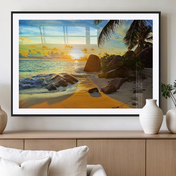 26181-MGC-FP-36x24_Black-Golden Tropical Sunset Beach Wall Art – Ocean Canvas Print with Palm Trees and Rocks, Coastal Paradise Decor for Living Room or