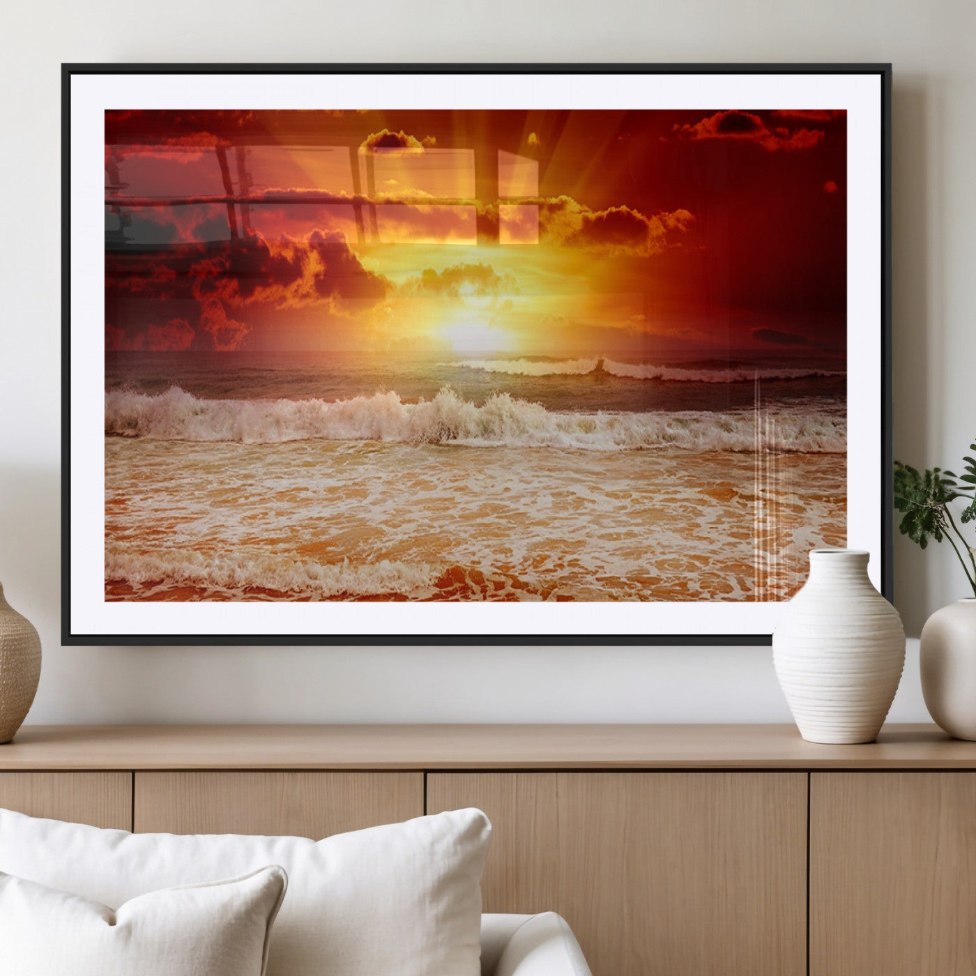 60211-MGC-FP-36x24_Black-Fiery Sunset Ocean Wall Art – Red Sky Seascape Canvas Print with Waves, Bold Coastal Sunset Decor for Living Room or Bedroom