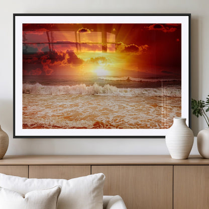 60211-MGC-FP-36x24_Black-Fiery Sunset Ocean Wall Art – Red Sky Seascape Canvas Print with Waves, Bold Coastal Sunset Decor for Living Room or Bedroom