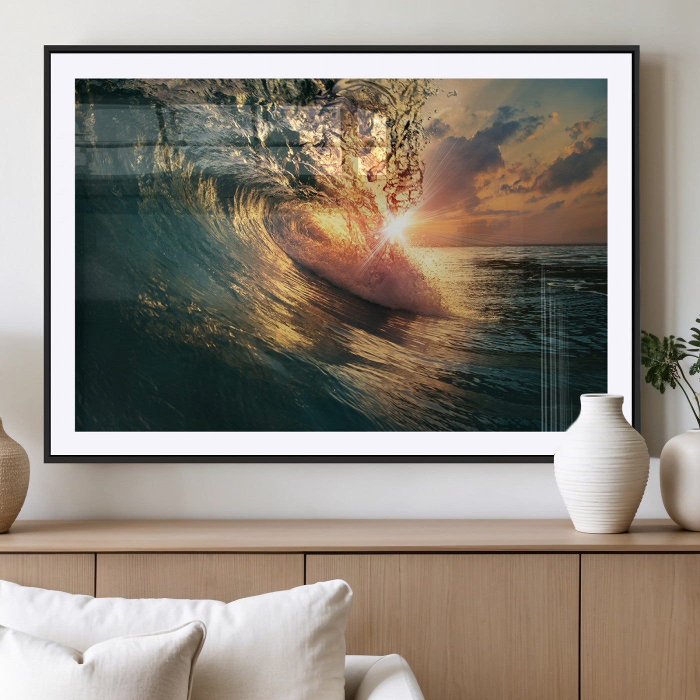 55359-MGC-FP-36x24_Black-Radiant Ocean Wave Wall Art – Panoramic Surf Canvas Print, Vibrant Sunset Beach Decor for Home, Office or Man Cave
