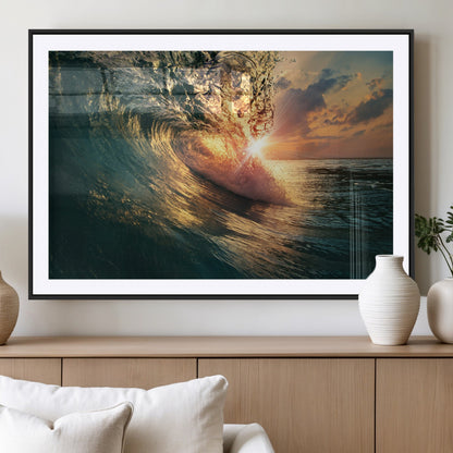 55359-MGC-FP-36x24_Black-Radiant Ocean Wave Wall Art – Panoramic Surf Canvas Print, Vibrant Sunset Beach Decor for Home, Office or Man Cave