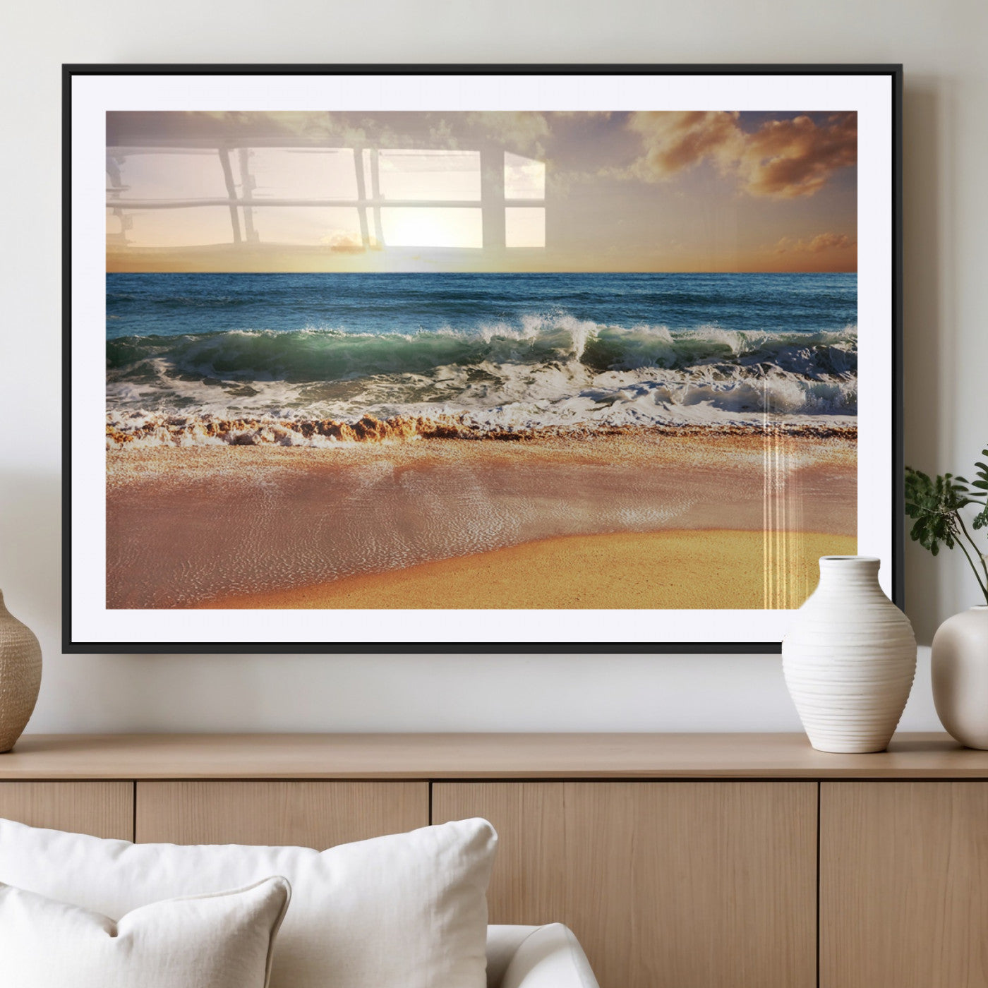 79005-MGC-FP-36x24_Black-Golden Sunrise Ocean Waves Wall Art – Panoramic Seashore Canvas Print, Calming Coastal Decor for Home, Office or Relaxation Space