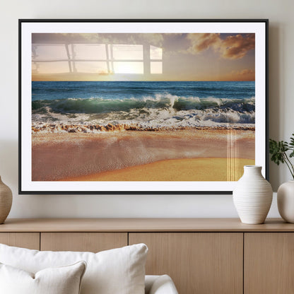 79005-MGC-FP-36x24_Black-Golden Sunrise Ocean Waves Wall Art – Panoramic Seashore Canvas Print, Calming Coastal Decor for Home, Office or Relaxation Space