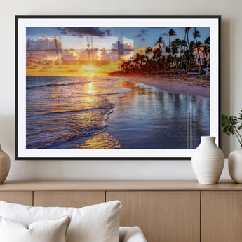 19917-MGC-FP-36x24_Black-Tropical Sunset Beach Wall Art – Panoramic Palm Trees and Ocean Canvas Print, Vibrant Coastal Decor for Living Room, Office or Man