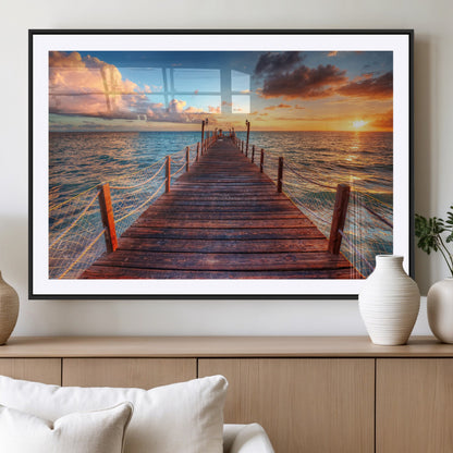 28836-MGC-FP-36x24_Black-Ocean Pier Sunset Wall Art – Wooden Dock and Golden Horizon Canvas Print, Coastal Seascape Photography for Living Room, Bedroom,
