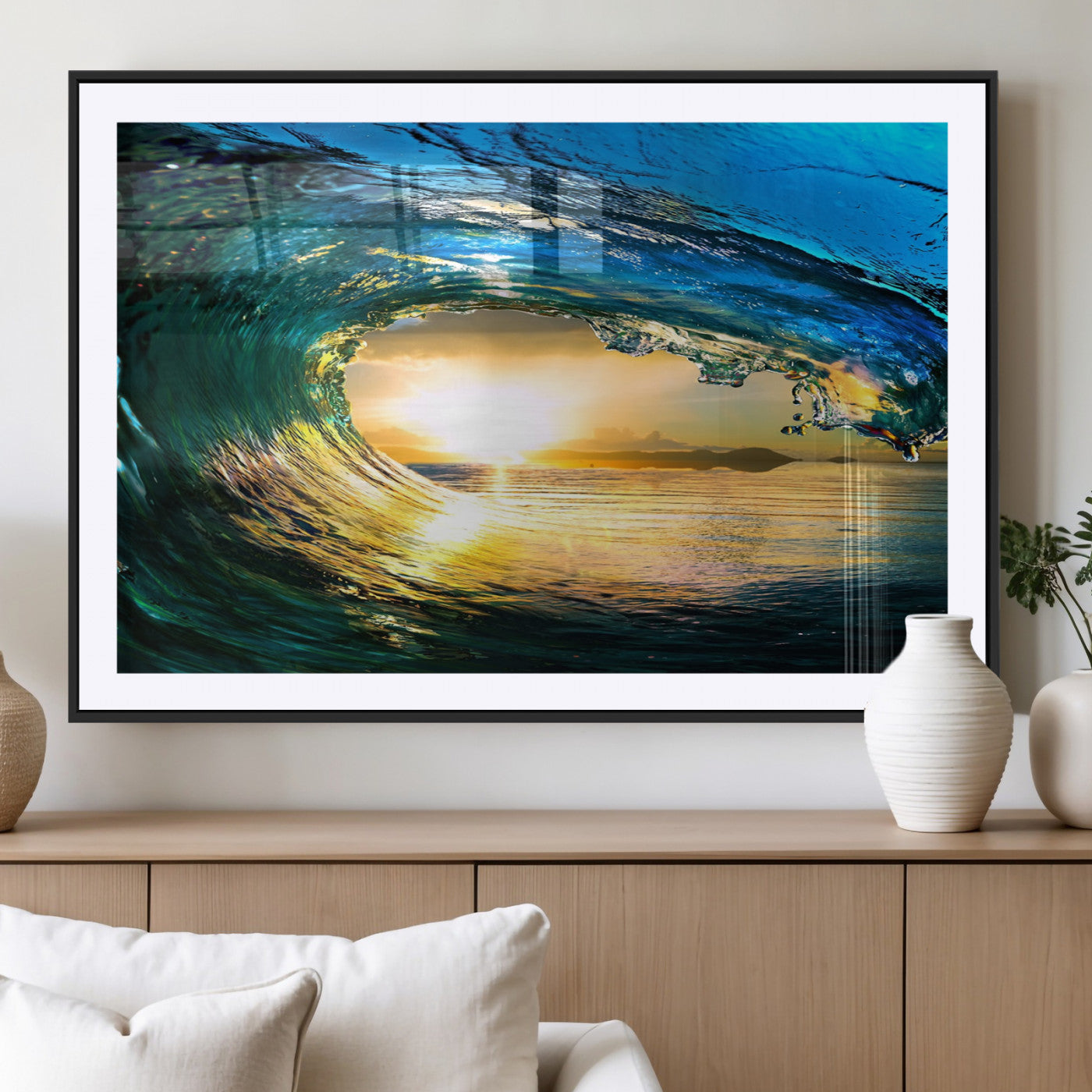 19378-MGC-FP-36x24_Black-Ocean Wave Sunset Wall Art – Vibrant Surf and Golden Horizon Canvas Print, Coastal Seascape Photography for Living Room, Bedroom,