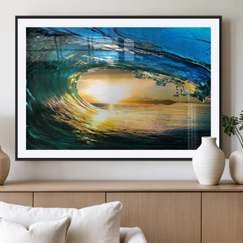 19378-MGC-FP-36x24_Black-Ocean Wave Sunset Wall Art – Vibrant Surf and Golden Horizon Canvas Print, Coastal Seascape Photography for Living Room, Bedroom,