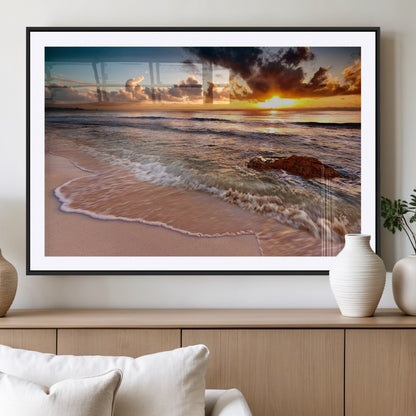 80979-MGC-FP-36x24_Black-Golden Sunrise Beach Wall Art – Ocean Waves and Sandy Shore Canvas Print, Coastal Sunset Photography Artwork for Living Room,