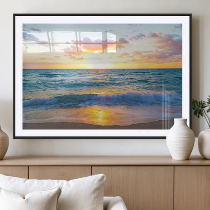 78006-MGC-FP-36x24_Black-Golden Sunrise Ocean Wall Art – Panoramic Beach Waves Canvas Print, Coastal Seascape Artwork for Living Room, Bedroom, Office, or