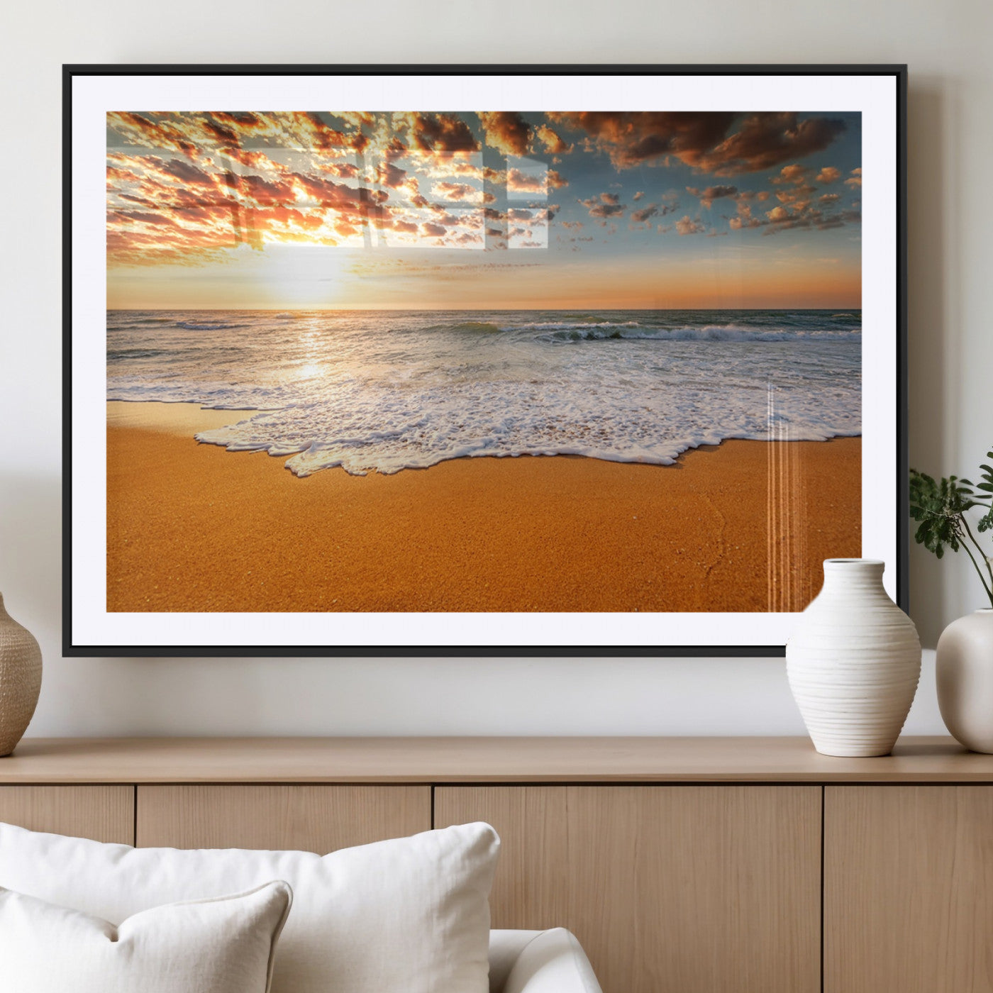 15399-MGC-FP-36x24_Black-Golden Sunrise Beach Wall Art – Ocean Waves on Sandy Shore Canvas Print, Coastal Seascape Decor for Living Room or Bedroom