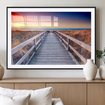 60625-MGC-FP-36x24_Black-Beach Boardwalk Sunrise Wall Art – Coastal Pathway to Ocean Canvas Print, Seaside Landscape Decor for Home or Office
