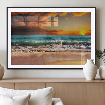 72948-MGC-FP-36x24_Black-Ocean Sunset Wave Wall Art – Dramatic Seascape Canvas Print with Golden Sky and Crashing Waves, Coastal Beach Decor for Living