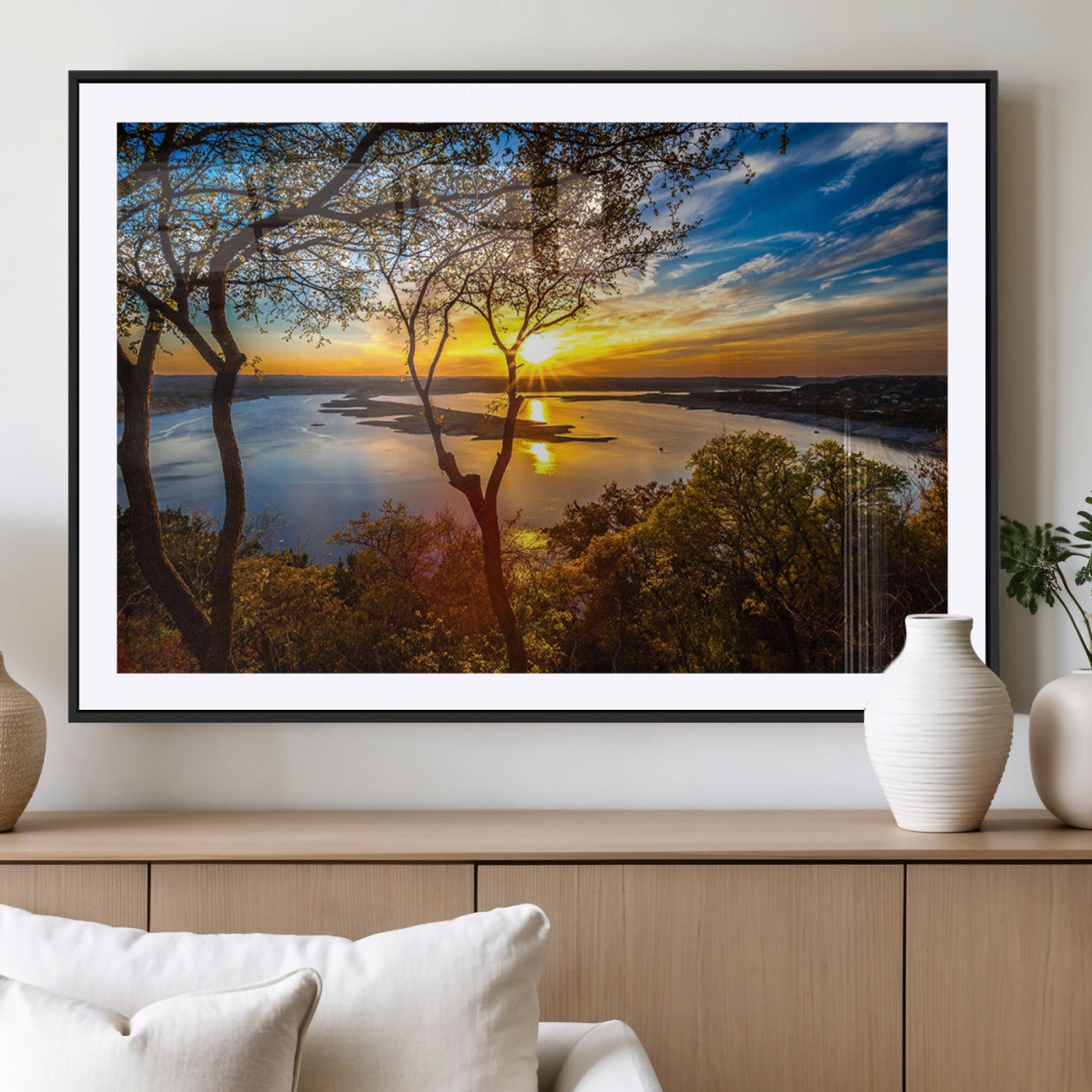 71863-MGC-FP-36x24_Black-Lake Sunset Wall Art – Scenic Nature Canvas Print with Trees and Golden Sky, Serene Landscape Decor for Living Room, Bedroom or