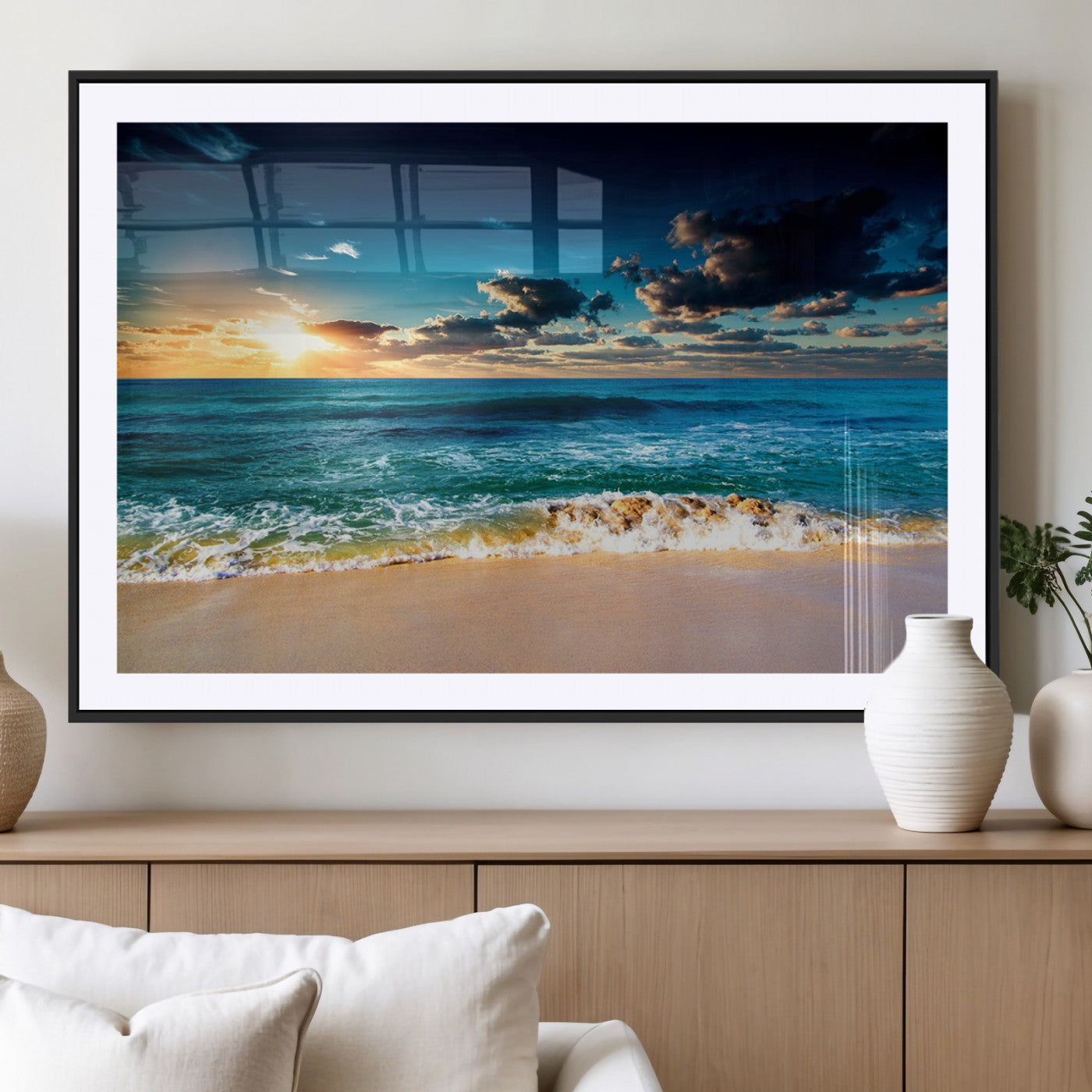 88985-MGC-FP-36x24_Black-Ocean Sunset Wall Art – Tranquil Beach Waves Canvas Print, Coastal Seascape Decor for Living Room or Office