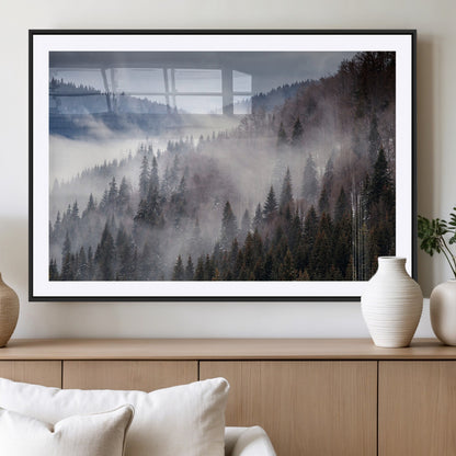 18459-MGC-FP-36x24_Black-Misty Pine Forest Wall Art – Serene Mountain Landscape Canvas Print, Tranquil Nature Artwork for Living Room, Bedroom, Cabin or