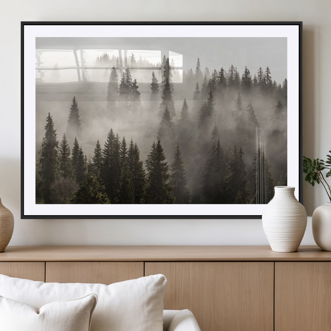 62862-MGC-FP-36x24_Black-Misty Forest Wall Art – Tranquil Pine Tree Canvas Print with Mountain Fog, Nature Landscape Artwork for Living Room, Bedroom, or