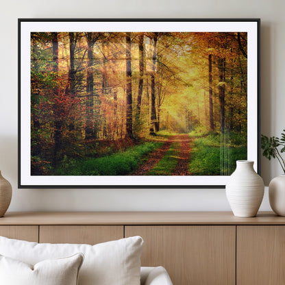 73494-MGC-FP-36x24_Black-Golden Autumn Forest Path Wall Art – Sunlit Woodland Canvas Print, Fall Nature Landscape Home Decoration