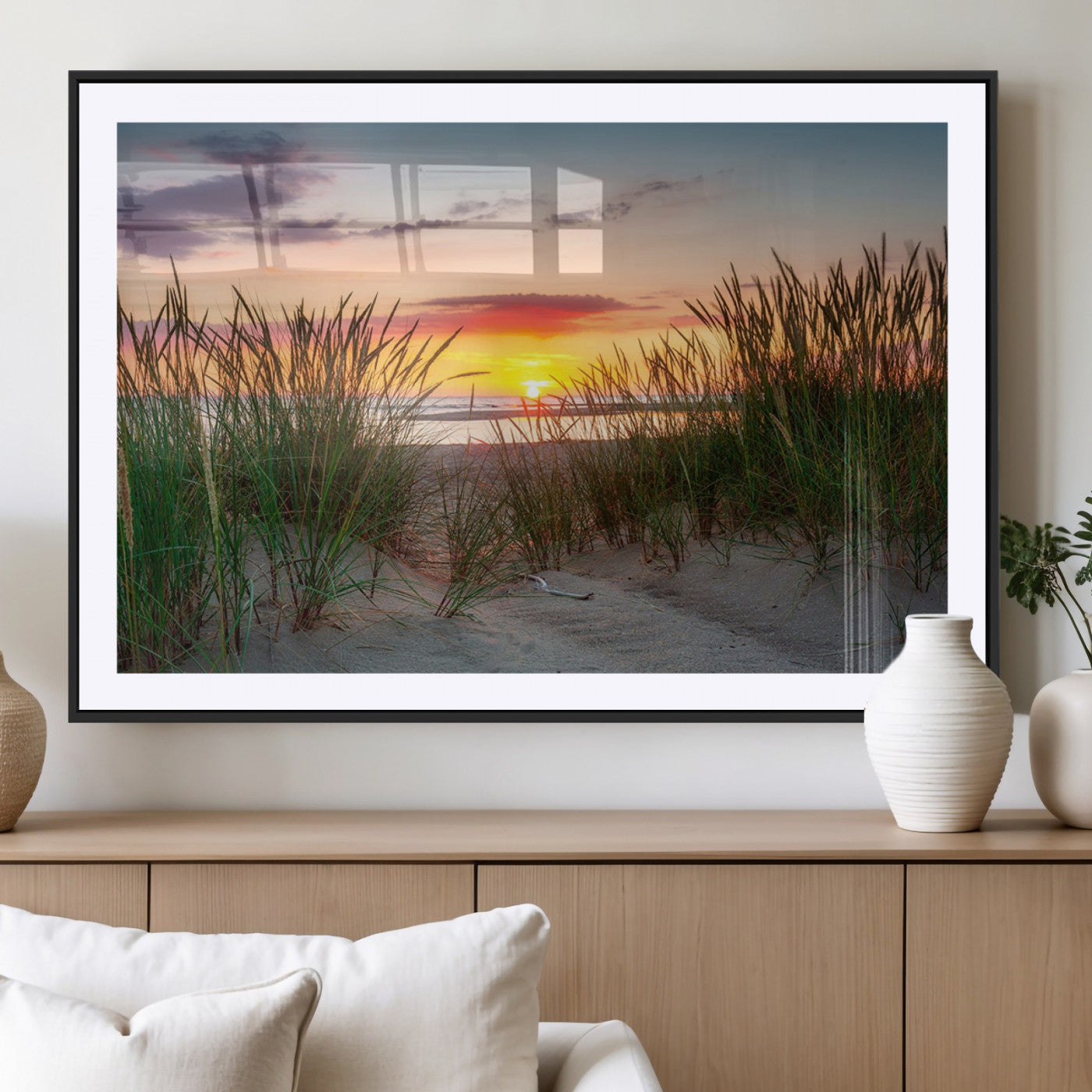 25576-MGC-FP-36x24_Black-Beach Grass Sunset Wall Art – Coastal Sand Dune Landscape Canvas Print, Ocean View Nature Decor for Living Room or Office Wall
