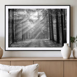 39665-MGC-FP-36x24_Black-Black and White Forest Path Wall Art – Sunlight Rays in Trees Canvas Print, Nature Landscape Decor for Living Room