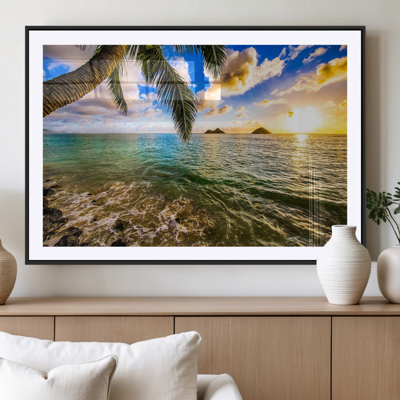 68606-MGV-CV-36X24-Tropical Palm Tree Ocean Wall Art – Sunset Beach Seascape Print, Coastal Paradise Decor for Living Room or Office