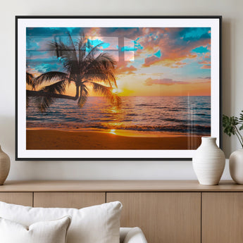34674-MGC-FP-36x24_Black-Tropical Sunset Beach Wall Art – Palm Tree Ocean Canvas Print, Coastal Seascape Decor for Living Room or Office Wall