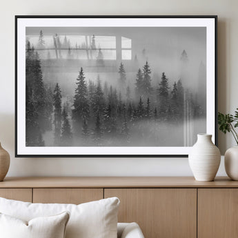 57235-MGC-FP-36x24_Black-Misty Pine Forest Wall Art – Black and White Mountain Landscape Canvas Print, Nature Woodland Decor for Living Room, Bedroom or