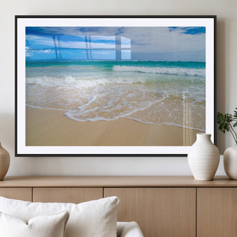 20660-MGC-FP-36x24_Black-Ocean Wave Beach Wall Art – Serene Blue Sea and Sandy Shore Canvas Print, Coastal Landscape Photography Decor for Living Room or