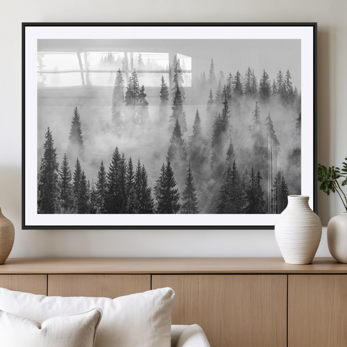 10422-MGC-FP-36x24_Black-Misty Pine Forest Wall Art – Black and White Foggy Landscape Canvas Print, Serene Nature Woodland Decor for Bedroom, Office or