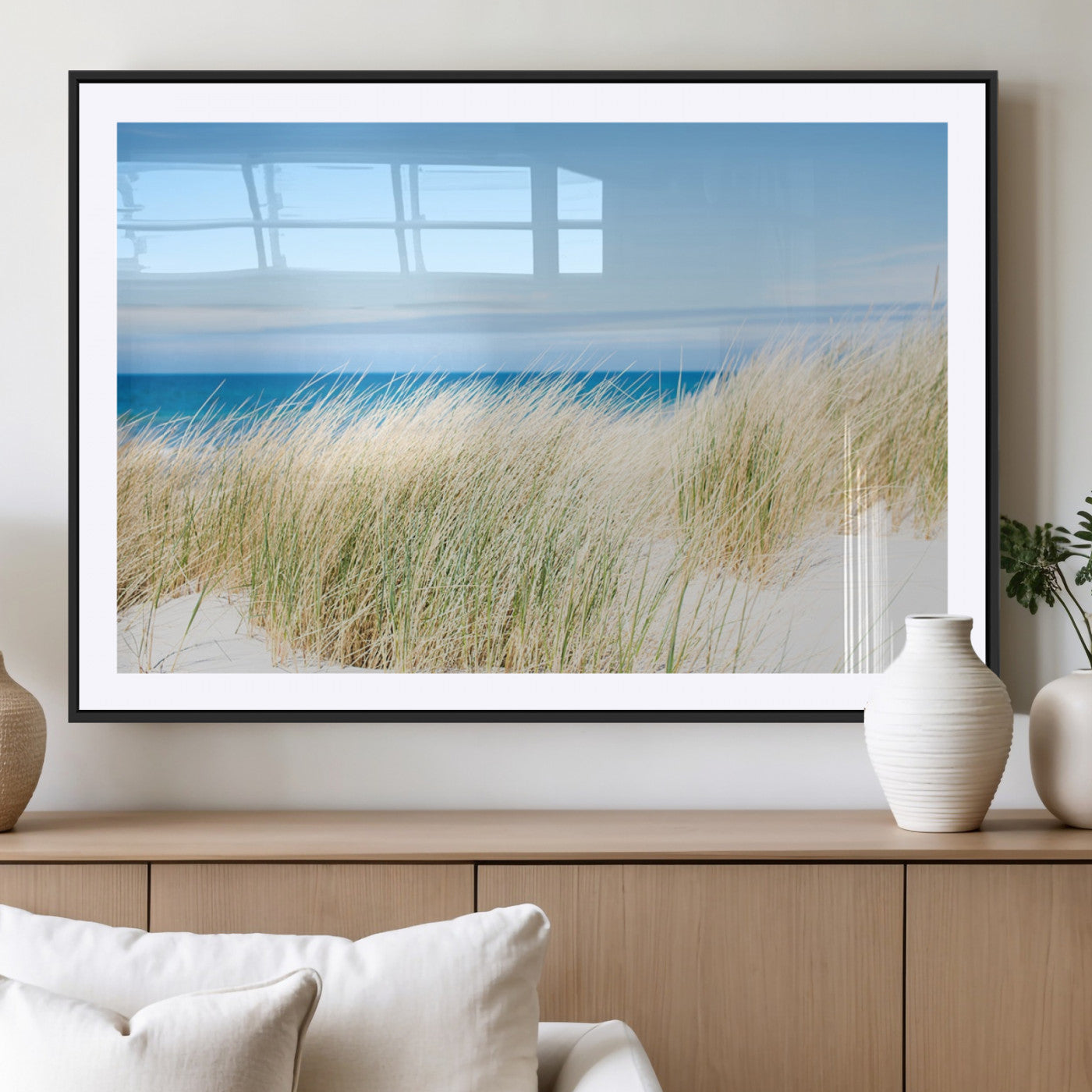 96913-MGC-FP-36x24_Black-Coastal Dunes Wall Art – Serene Beach Grass and Blue Ocean Canvas Print, Relaxing Seaside Nature Decor for Living Room, Bedroom or