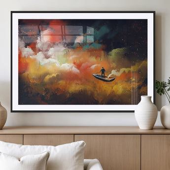 45085-MGC-FP-36x24_Black-Surreal Cosmic Wall Art – Abstract Galaxy Dreamscape Canvas Print with Man and Dog in Boat, Fantasy Nebula Painting for Living