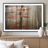 61855-MGV-CV-36X24-Misty Forest Wall Art – Red Tree with Autumn Leaves Canvas Print, Moody Woodland Nature Decor for Living Room, Bedroom, or Office