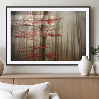 61855-MGV-CV-36X24-Misty Forest Wall Art – Red Tree with Autumn Leaves Canvas Print, Moody Woodland Nature Decor for Living Room, Bedroom, or Office