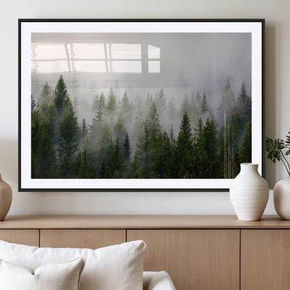 11436-MGC-FP-36x24_Black-Misty Forest Wall Art – Tranquil Evergreen Tree Canvas Print with Foggy Landscape, Nature Inspired Artwork for Bedroom, Living