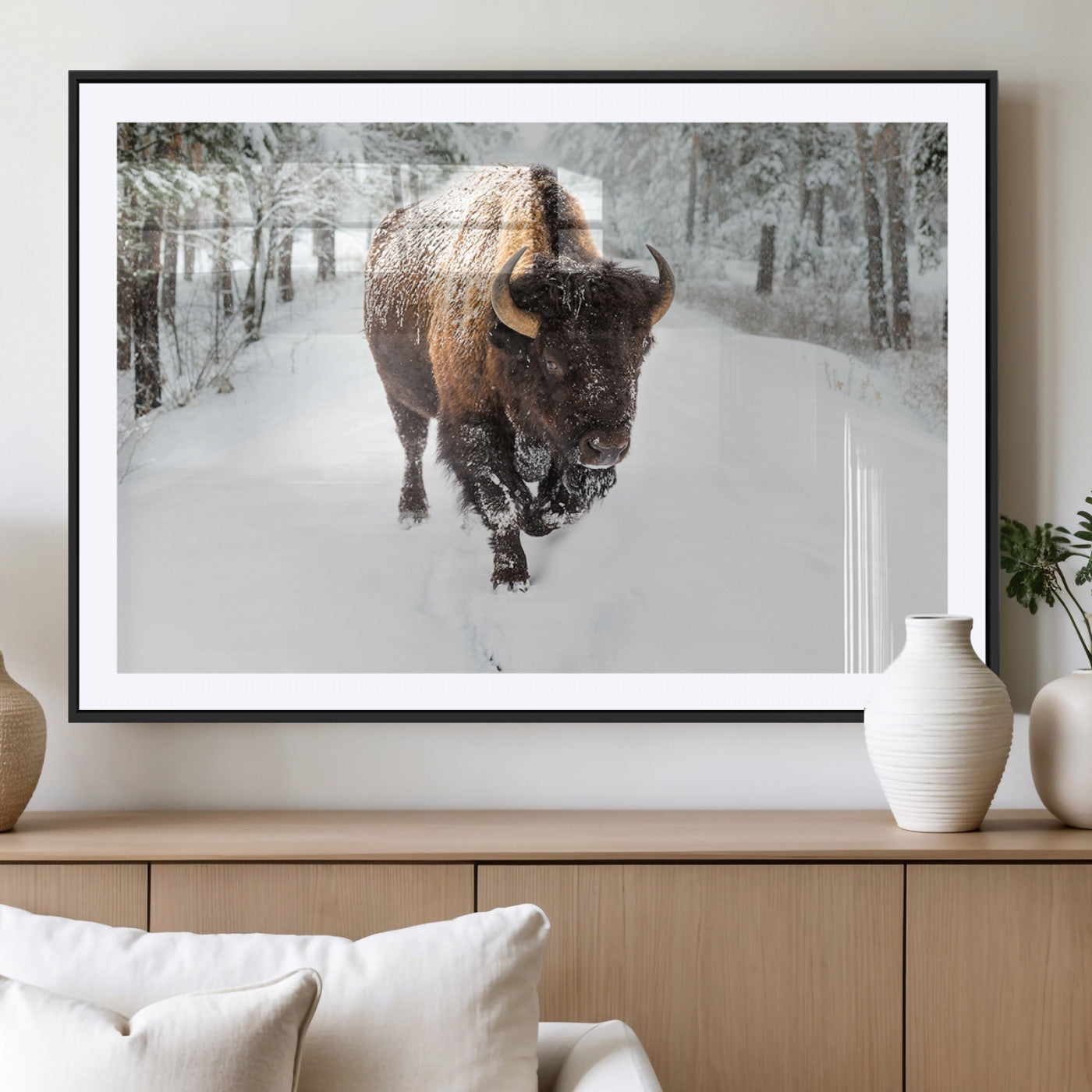 84699-MGC-FP-36x24_Black-Bison in Winter Wall Art – Majestic Buffalo Canvas Print with Snowy Forest Landscape, Rustic Wildlife Artwork for Cabin, Living