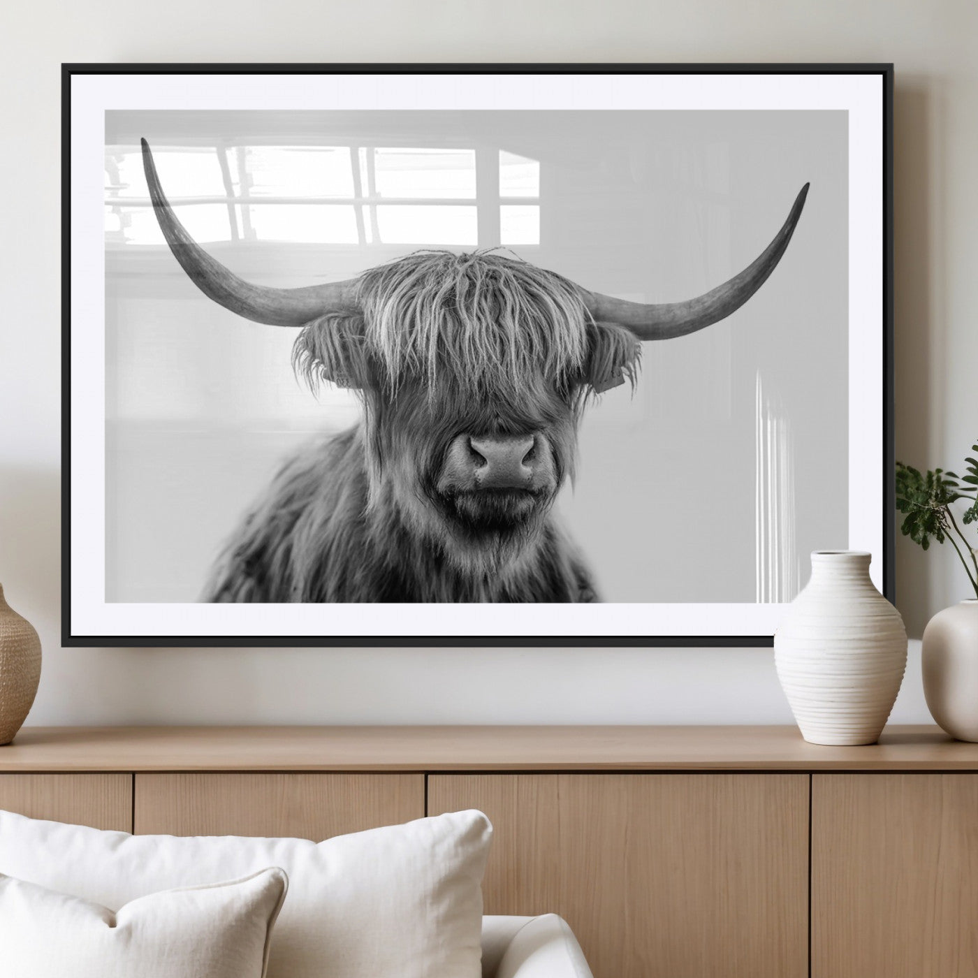 10123-MGC-FP-36x24_Black-Black and White Highland Cow Wall Art – Modern Farmhouse Animal Print, Rustic Scottish Bull Canvas Decor for Living Room, Bedroom,