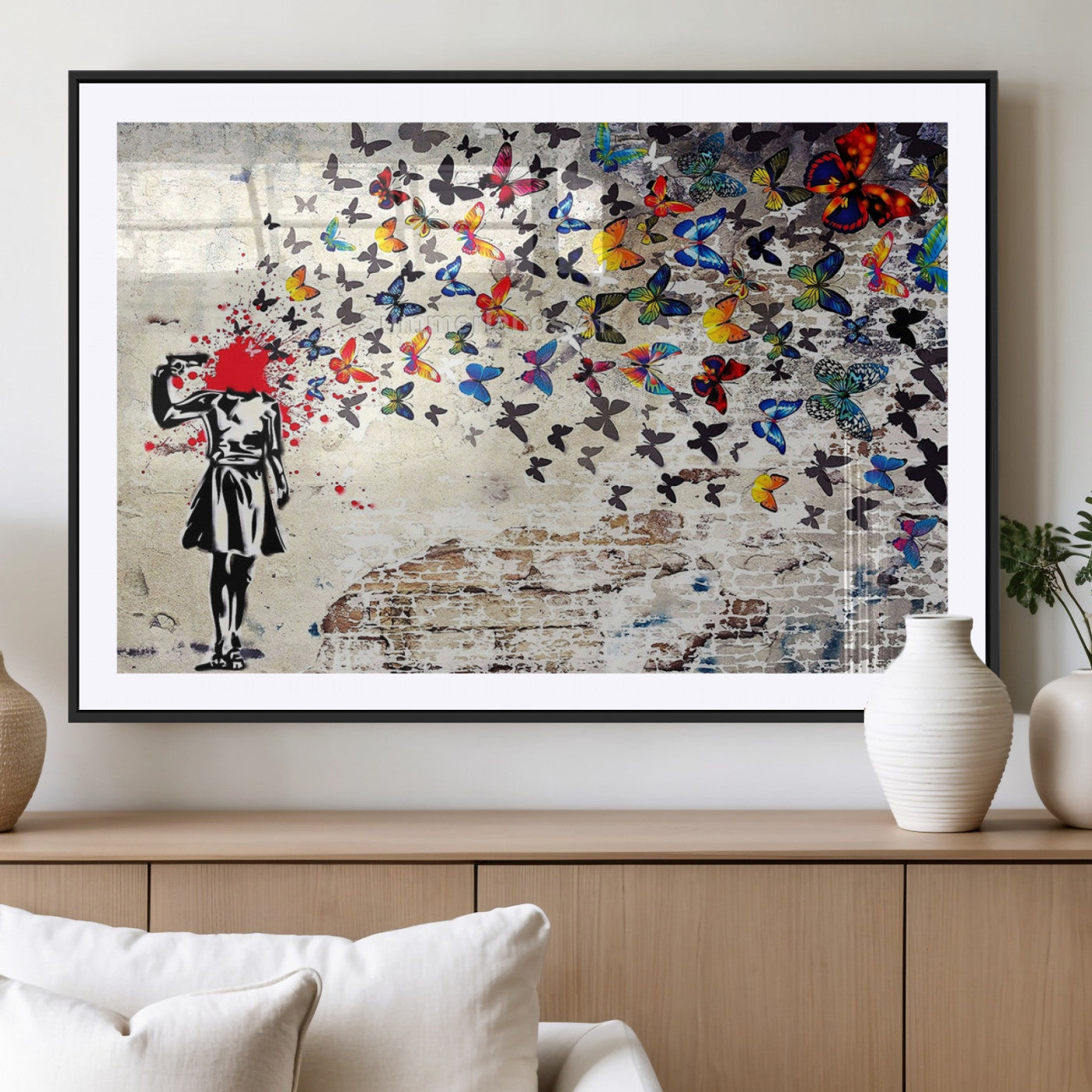 88654-MGC-FP-36x24_Black-Butterfly Explosion Graffiti Wall Art – Street Art Canvas Print, Colorful Butterfly Spray Mural, Modern Abstract Urban Wall Decor