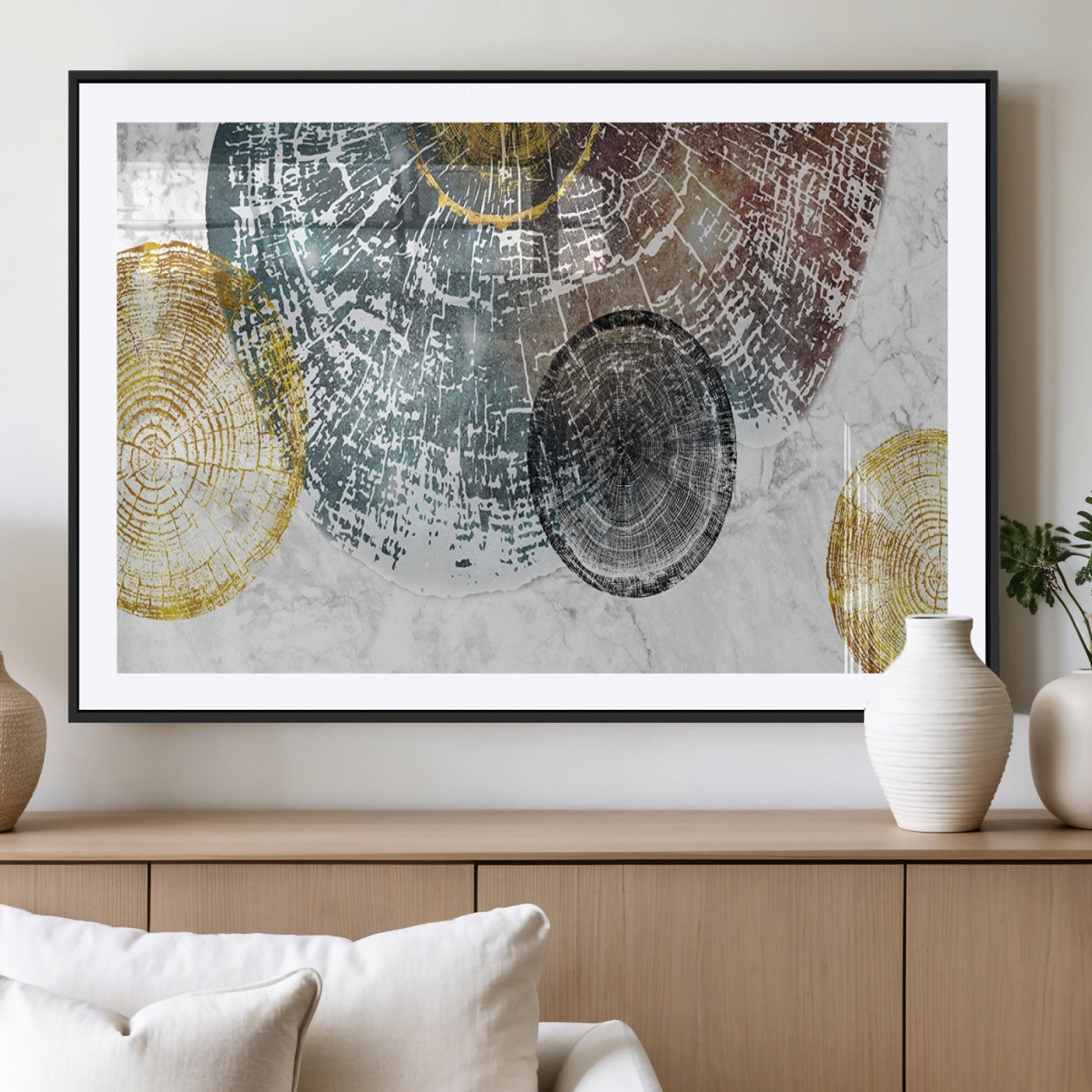 70653-MGV-CV-36X24-Abstract Tree Ring Wall Art – Modern Rustic Wood Slice Canvas Print with Gold Accents, Contemporary Nature Decor for Living Room,