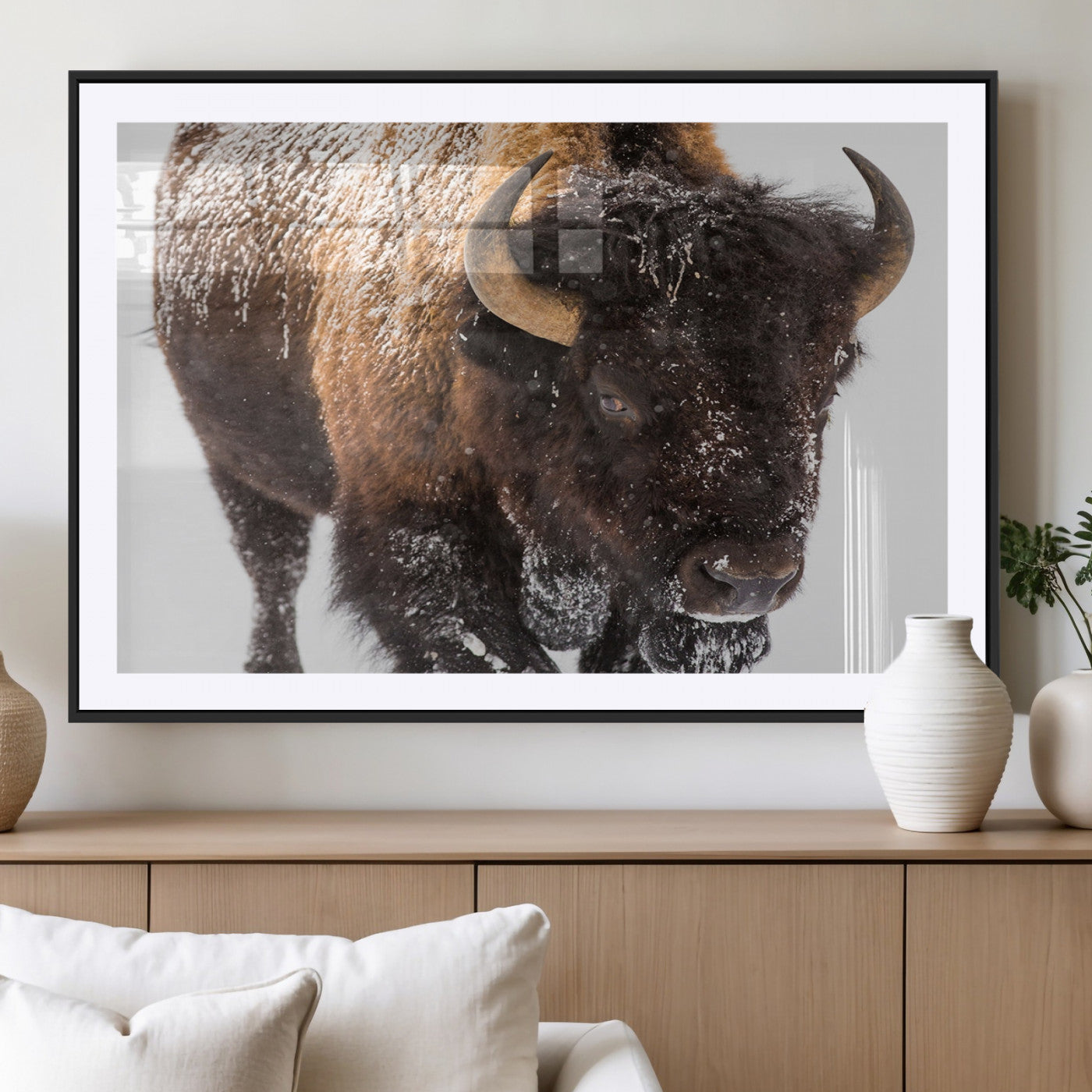 65605-MGC-FP-36x24_Black-Snow Bison Wall Art – Close Up Buffalo Canvas Print, Rustic Western Wildlife Photography, Farmhouse Cabin Lodge Decor for Living