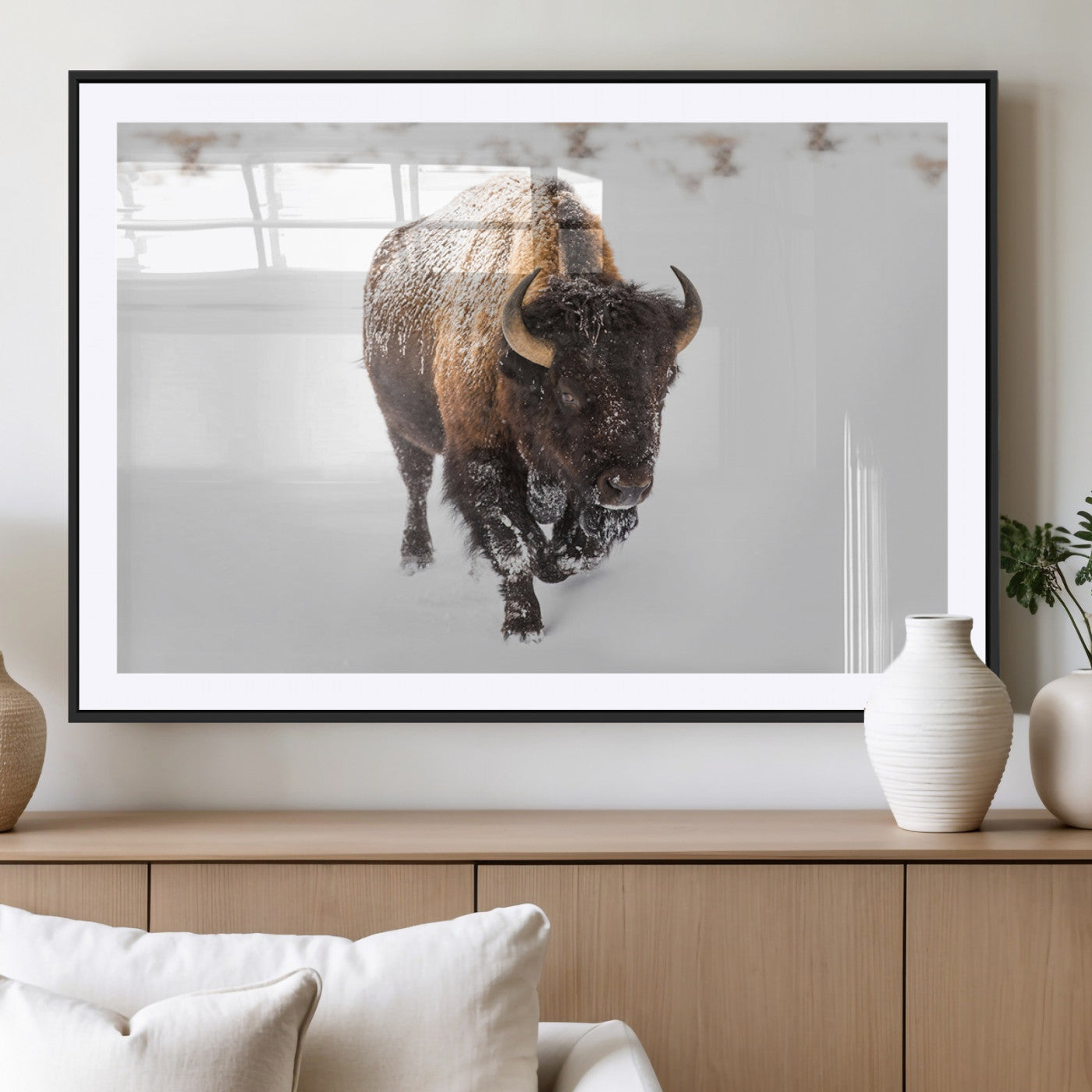 19889-MGC-FP-36x24_Black-Snow Bison Wall Art – Majestic Buffalo Winter Landscape Canvas Print, Rustic Wildlife Photography Decor for Cabin, Lodge, Living